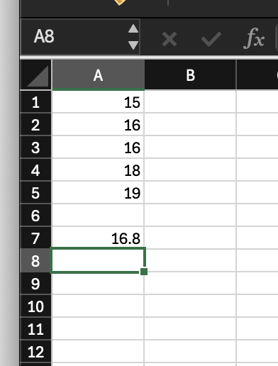 Excel Results for Mean