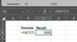 Excel factorial function